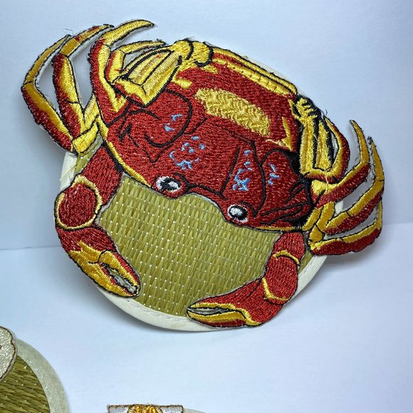 4 Beach Theme Coasters Glass Markers Embroidery Shells Grapes Crab Patio Decor - Picture 2 of 6